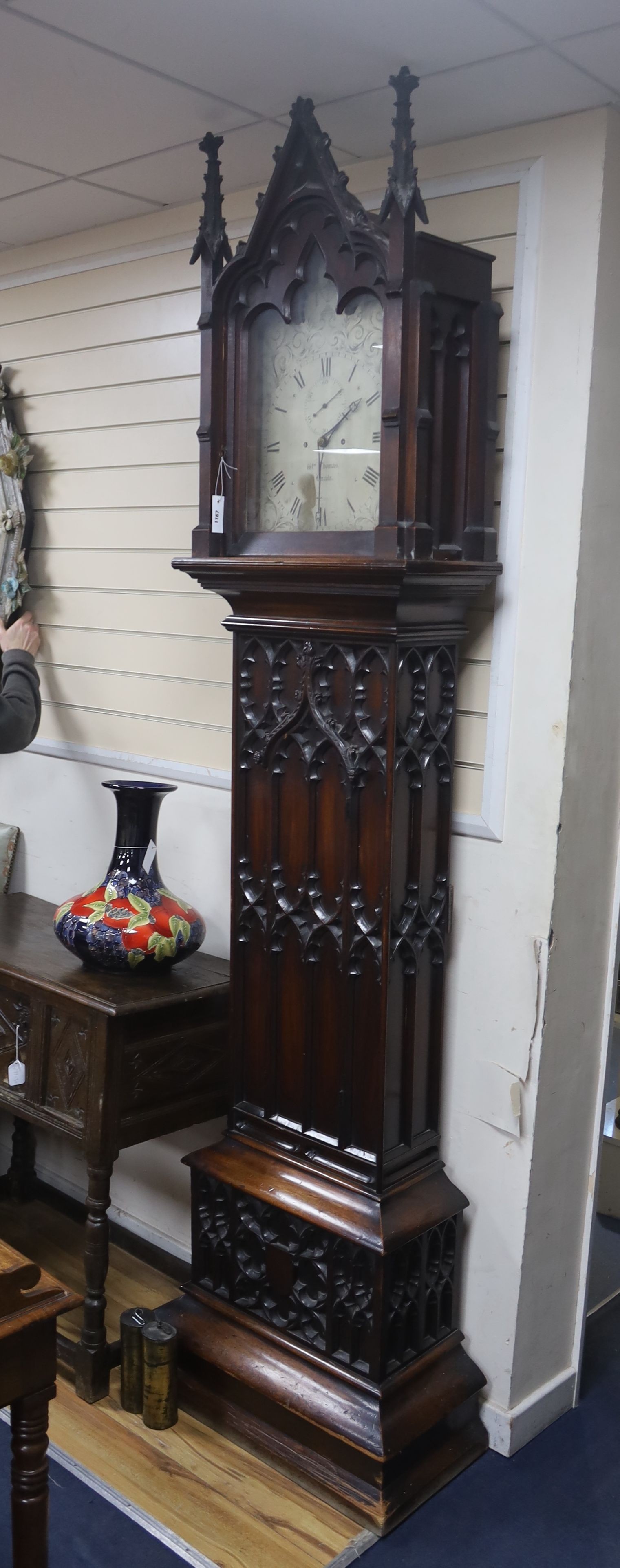 A William IV Gothic revival mahogany longcase clock, the twin train movement with deadbeat, height 258cm